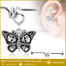 Inox 316L crânes en acier chirurgical Dangle papillon Barbell oreille bijoux